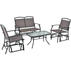 4 Piece Patio Glider Conversation Set, Sling Loveseat Glider Rated 800 lb, 2 Single Gliders Rated 400 lb and a Ripple Glass Table, Brown