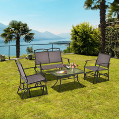 4 Piece Patio Glider Conversation Set, Sling Loveseat Glider Rated 800 lb, 2 Single Gliders Rated 400 lb and a Ripple Glass Table, Brown