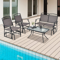 4 Piece Patio Glider Conversation Set, Sling Loveseat Glider Rated 800 lb, 2 Single Gliders Rated 400 lb and a Ripple Glass Table, Brown
