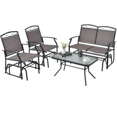 4 Piece Patio Glider Conversation Set, Sling Loveseat Glider Rated 800 lb, 2 Single Gliders Rated 400 lb and a Ripple Glass Table, Brown