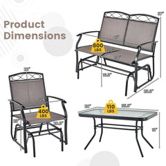 4 Piece Patio Glider Conversation Set, Sling Loveseat Glider Rated 800 lb, 2 Single Gliders Rated 400 lb and a Ripple Glass Table, Brown