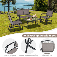 4 Piece Patio Glider Conversation Set, Sling Loveseat Glider Rated 800 lb, 2 Single Gliders Rated 400 lb and a Ripple Glass Table, Brown