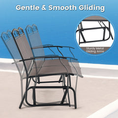 4 Piece Patio Glider Conversation Set, Sling Loveseat Glider Rated 800 lb, 2 Single Gliders Rated 400 lb and a Ripple Glass Table, Brown