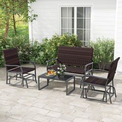 4 Piece Patio Wicker Glider Set, Loveseat Glider Rated 800 lb, 2 Single Gliders Rated 400 lb with Quick Dry Seats and Glass Top Table