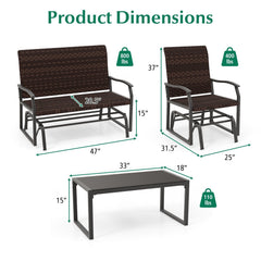 4 Piece Patio Wicker Glider Set, Loveseat Glider Rated 800 lb, 2 Single Gliders Rated 400 lb with Quick Dry Seats and Glass Top Table