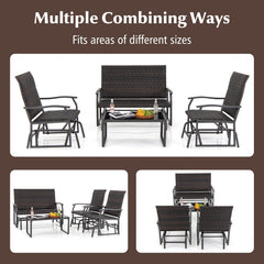 4 Piece Patio Wicker Glider Set, Loveseat Glider Rated 800 lb, 2 Single Gliders Rated 400 lb with Quick Dry Seats and Glass Top Table