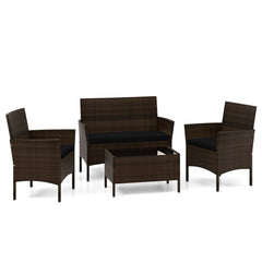 4 Piece Patio Rattan Conversation Set, Brown Wicker Loveseat Rated 800 lb, 2 Chairs Rated 400 lb with Black Cushions and Glass Top Table