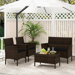 4 Piece Patio Rattan Conversation Set, Brown Wicker Loveseat Rated 800 lb, 2 Chairs Rated 400 lb with Black Cushions and Glass Top Table