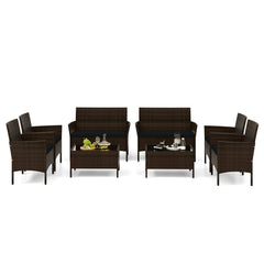 4 Piece Patio Rattan Conversation Set, Brown Wicker Loveseat Rated 800 lb, 2 Chairs Rated 400 lb with Black Cushions and Glass Top Table