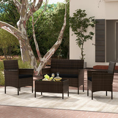 4 Piece Patio Rattan Conversation Set, Brown Wicker Loveseat Rated 800 lb, 2 Chairs Rated 400 lb with Black Cushions and Glass Top Table