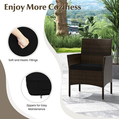 4 Piece Patio Rattan Conversation Set, Brown Wicker Loveseat Rated 800 lb, 2 Chairs Rated 400 lb with Black Cushions and Glass Top Table