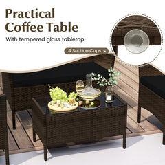 4 Piece Patio Rattan Conversation Set, Brown Wicker Loveseat Rated 800 lb, 2 Chairs Rated 400 lb with Black Cushions and Glass Top Table