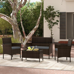 4 Piece Patio Rattan Conversation Set, Brown Wicker Loveseat Rated 800 lb, 2 Chairs Rated 400 lb with Grey Cushions and Glass Top Table