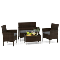 4 Piece Patio Rattan Conversation Set, Brown Wicker Loveseat Rated 800 lb, 2 Chairs Rated 400 lb with Grey Cushions and Glass Top Table