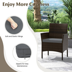 4 Piece Patio Rattan Conversation Set, Brown Wicker Loveseat Rated 800 lb, 2 Chairs Rated 400 lb with Grey Cushions and Glass Top Table