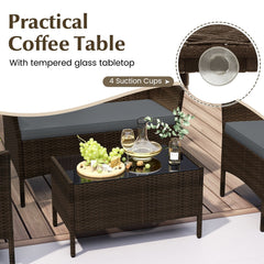 4 Piece Patio Rattan Conversation Set, Brown Wicker Loveseat Rated 800 lb, 2 Chairs Rated 400 lb with Grey Cushions and Glass Top Table