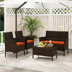 4 Piece Patio Rattan Conversation Set, Brown Wicker Loveseat Rated 800 lb, 2 Chairs Rated 400 lb with Orange Cushions and Glass Top Table
