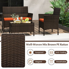 4 Piece Patio Rattan Conversation Set, Brown Wicker Loveseat Rated 800 lb, 2 Chairs Rated 400 lb with Orange Cushions and Glass Top Table