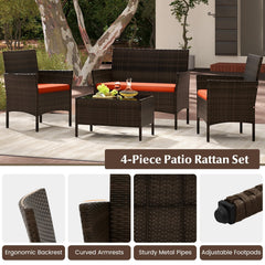 4 Piece Patio Rattan Conversation Set, Brown Wicker Loveseat Rated 800 lb, 2 Chairs Rated 400 lb with Orange Cushions and Glass Top Table