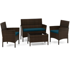4 Piece Patio Rattan Conversation Set, Brown Wicker Loveseat Rated 800 lb, 2 Chairs Rated 400 lb with Peacock Blue Cushions and Glass Top Table