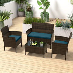 4 Piece Patio Rattan Conversation Set, Brown Wicker Loveseat Rated 800 lb, 2 Chairs Rated 400 lb with Peacock Blue Cushions and Glass Top Table
