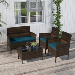4 Piece Patio Rattan Conversation Set, Brown Wicker Loveseat Rated 800 lb, 2 Chairs Rated 400 lb with Peacock Blue Cushions and Glass Top Table