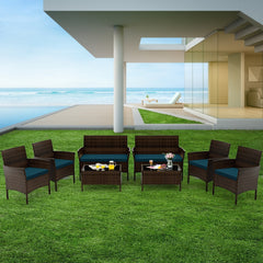 4 Piece Patio Rattan Conversation Set, Brown Wicker Loveseat Rated 800 lb, 2 Chairs Rated 400 lb with Peacock Blue Cushions and Glass Top Table