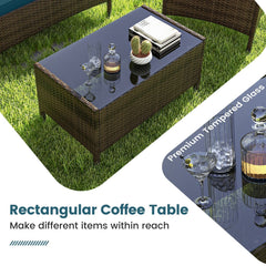 4 Piece Patio Rattan Conversation Set, Brown Wicker Loveseat Rated 800 lb, 2 Chairs Rated 400 lb with Peacock Blue Cushions and Glass Top Table