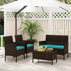 4 Piece Patio Rattan Conversation Set, Brown Wicker Loveseat Rated 800 lb, 2 Chairs Rated 400 lb with Turquoise Cushions and Glass Top Table