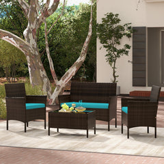 4 Piece Patio Rattan Conversation Set, Brown Wicker Loveseat Rated 800 lb, 2 Chairs Rated 400 lb with Turquoise Cushions and Glass Top Table