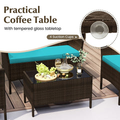 4 Piece Patio Rattan Conversation Set, Brown Wicker Loveseat Rated 800 lb, 2 Chairs Rated 400 lb with Turquoise Cushions and Glass Top Table