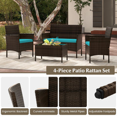 4 Piece Patio Rattan Conversation Set, Brown Wicker Loveseat Rated 800 lb, 2 Chairs Rated 400 lb with Turquoise Cushions and Glass Top Table