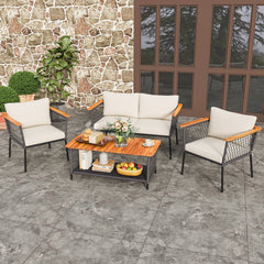 4 Piece Patio Conversation Set, Rope Sided Loveseat Rated 800 lb, 2 Armchairs Rated 400 lb with Off White Cushions and a Two Tier Acacia Table