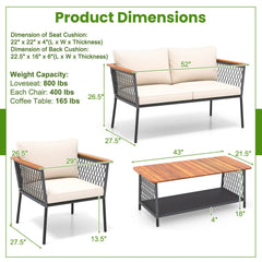 4 Piece Patio Conversation Set, Rope Sided Loveseat Rated 800 lb, 2 Armchairs Rated 400 lb with Off White Cushions and a Two Tier Acacia Table