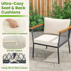 4 Piece Patio Conversation Set, Rope Sided Loveseat Rated 800 lb, 2 Armchairs Rated 400 lb with Off White Cushions and a Two Tier Acacia Table