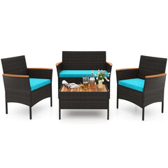 4 Piece Patio Wicker Sofa Set, Loveseat Rated 800 lb, 2 Armchairs Rated 400 lb with Acacia Arms, Turquoise Cushions and Acacia Top Table