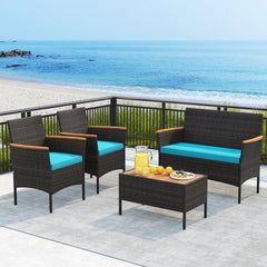 4 Piece Patio Wicker Sofa Set, Loveseat Rated 800 lb, 2 Armchairs Rated 400 lb with Acacia Arms, Turquoise Cushions and Acacia Top Table