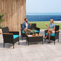 4 Piece Patio Wicker Sofa Set, Loveseat Rated 800 lb, 2 Armchairs Rated 400 lb with Acacia Arms, Turquoise Cushions and Acacia Top Table