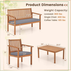 4 Piece Acacia Wood Patio Conversation Set, Slatted Loveseat Rated 800 lb and 2 Armchairs Rated 400 lb with Grey Cushions and Coffee Table