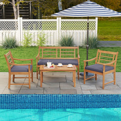 4 Piece Acacia Wood Patio Set, Lattice Back Loveseat Rated 800 lb, 2 Armchairs Rated 400 lb with Grey Cushions and a 35.5 in Coffee Table