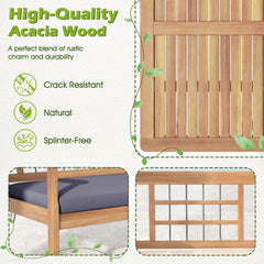4 Piece Acacia Wood Patio Set, Lattice Back Loveseat Rated 800 lb, 2 Armchairs Rated 400 lb with Grey Cushions and a 35.5 in Coffee Table