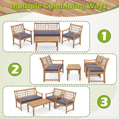4 Piece Acacia Wood Patio Set, Lattice Back Loveseat Rated 800 lb, 2 Armchairs Rated 400 lb with Grey Cushions and a 35.5 in Coffee Table