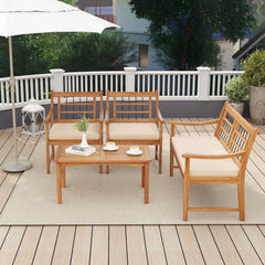 4 Piece Acacia Wood Patio Set, Lattice Back Loveseat Rated 800 lb, 2 Armchairs Rated 400 lb with Beige Cushions and a 35.5 in Coffee Table