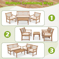 4 Piece Acacia Wood Patio Set, Lattice Back Loveseat Rated 800 lb, 2 Armchairs Rated 400 lb with Beige Cushions and a 35.5 in Coffee Table