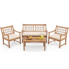 4 Piece Acacia Wood Patio Set, Lattice Back Loveseat Rated 800 lb, 2 Armchairs Rated 400 lb with Beige Cushions and a 35.5 in Coffee Table