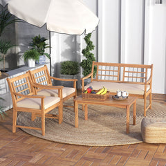 4 Piece Acacia Wood Patio Set, Lattice Back Loveseat Rated 800 lb, 2 Armchairs Rated 400 lb with Beige Cushions and a 35.5 in Coffee Table