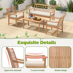 4 Piece Acacia Wood Patio Set, Lattice Back Loveseat Rated 800 lb, 2 Armchairs Rated 400 lb with Beige Cushions and a 35.5 in Coffee Table