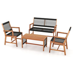 4 Piece Acacia Wood Patio Conversation Set with Black Hand Woven Rope Seats, Loveseat Rated 705 lb, 2 Chairs Rated 360 lb and Table
