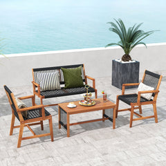 4 Piece Acacia Wood Patio Conversation Set with Black Hand Woven Rope Seats, Loveseat Rated 705 lb, 2 Chairs Rated 360 lb and Table