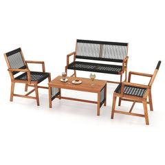 4 Piece Acacia Wood Patio Conversation Set with Black Hand Woven Rope Seats, Loveseat Rated 705 lb, 2 Chairs Rated 360 lb and Table